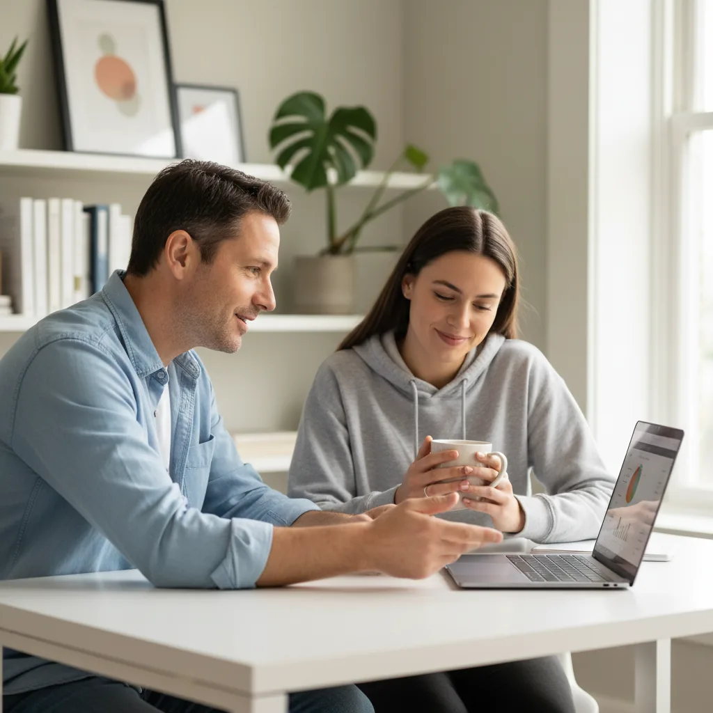 A loan officer walking a homeowner through her numbers on a laptop