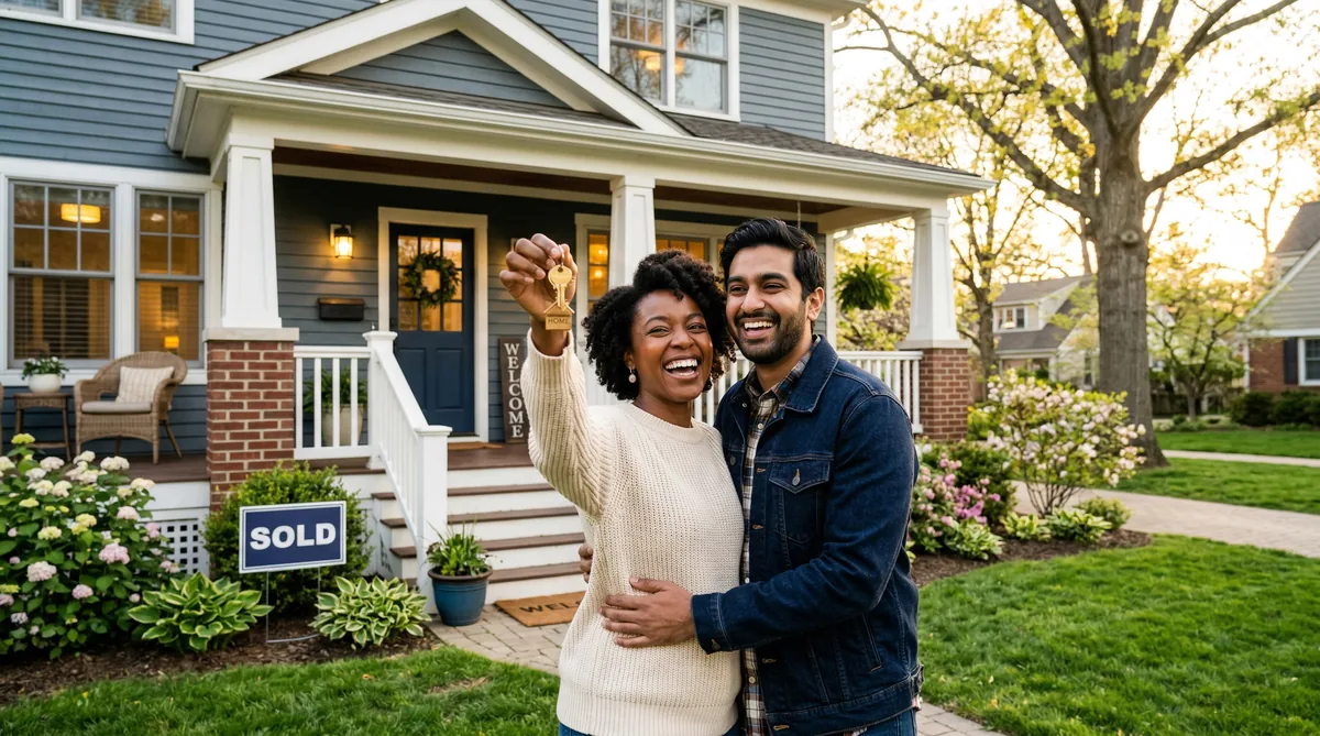 First-time home buyers receiving keys to their new home