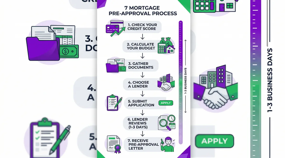 Infographic showing the 8 steps to buying your first home from credit check to closing day
