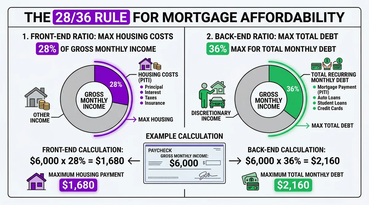 The 28/36 rule for mortgage affordability — 28% of income for housing, 36% for total debt