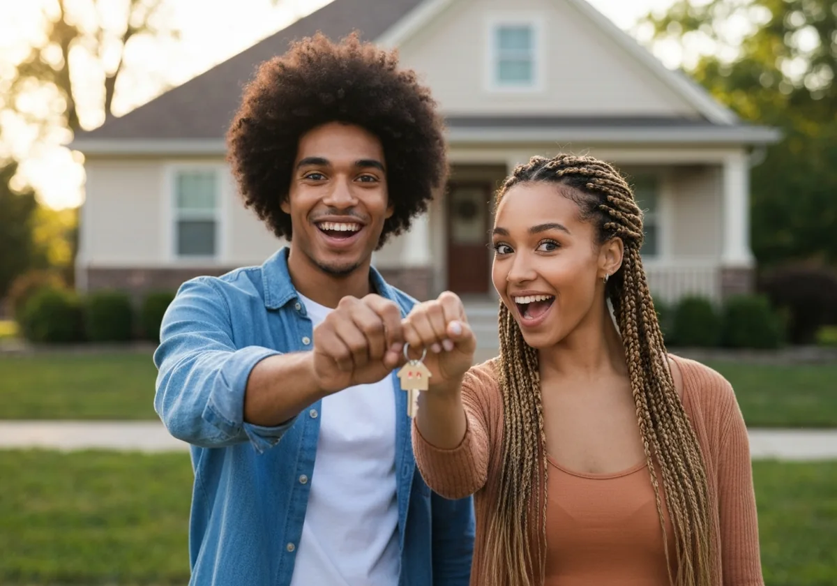 Young couple celebrating with house keys