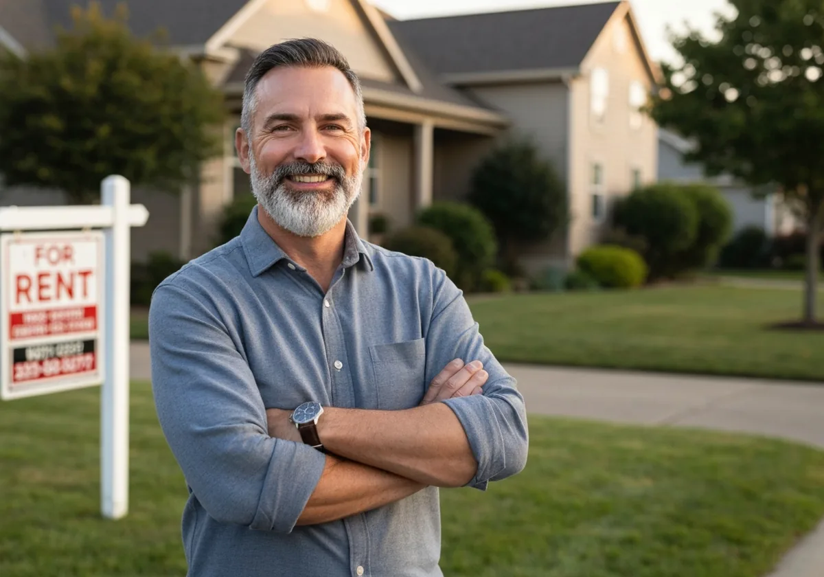 Confident investor standing in front of rental property
