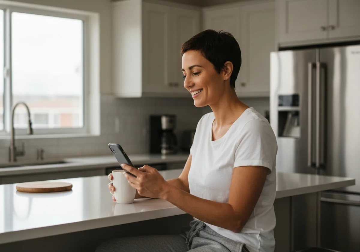 Person relieved looking at phone showing lower mortgage payment