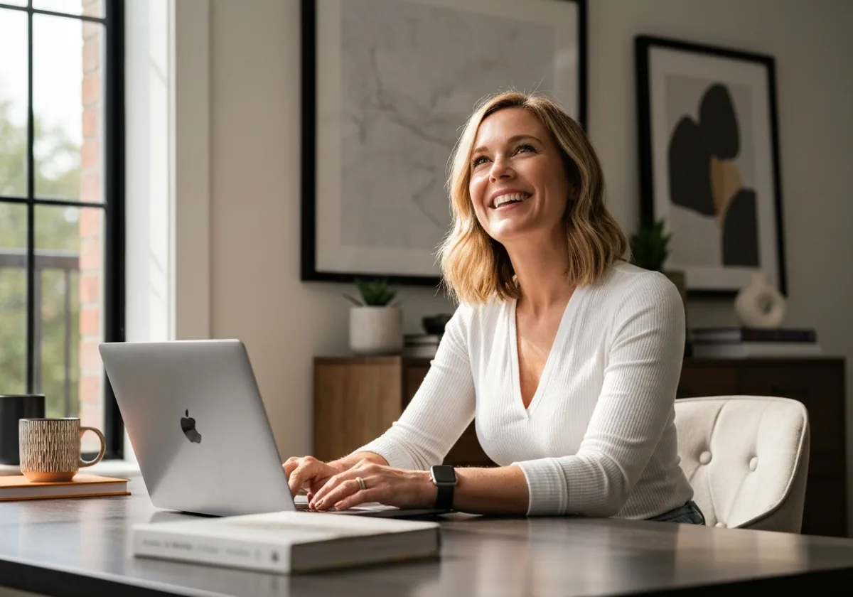 Self-employed woman at laptop in home office