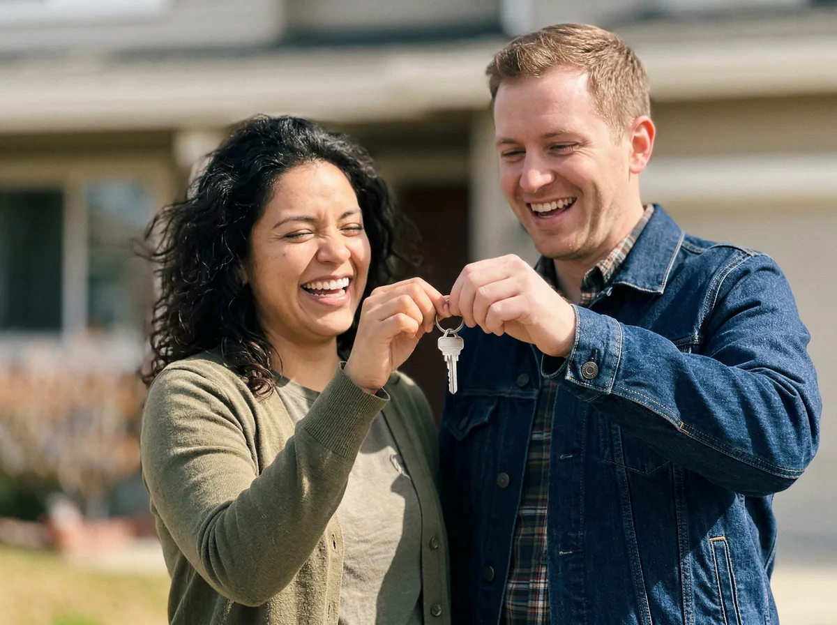 Couple celebrating with keys to their new home