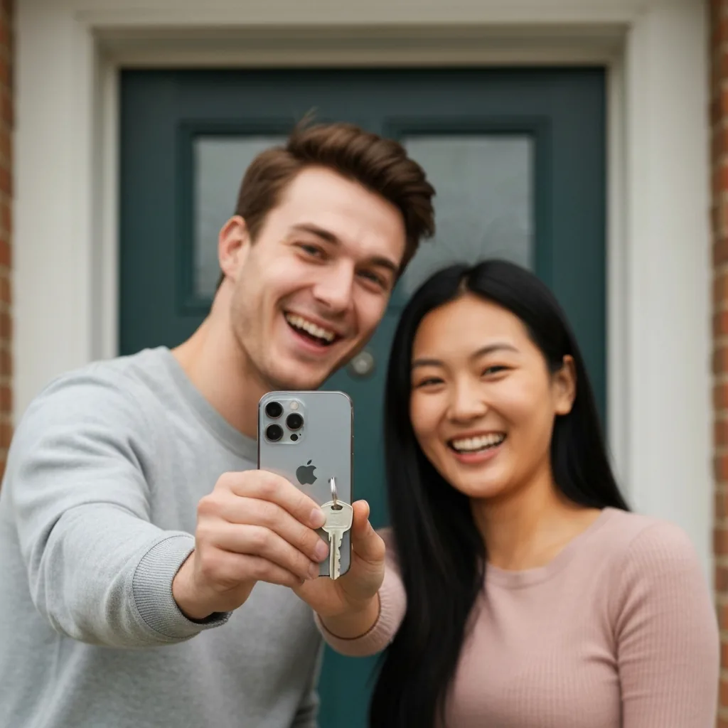Couple celebrating with keys to their new home