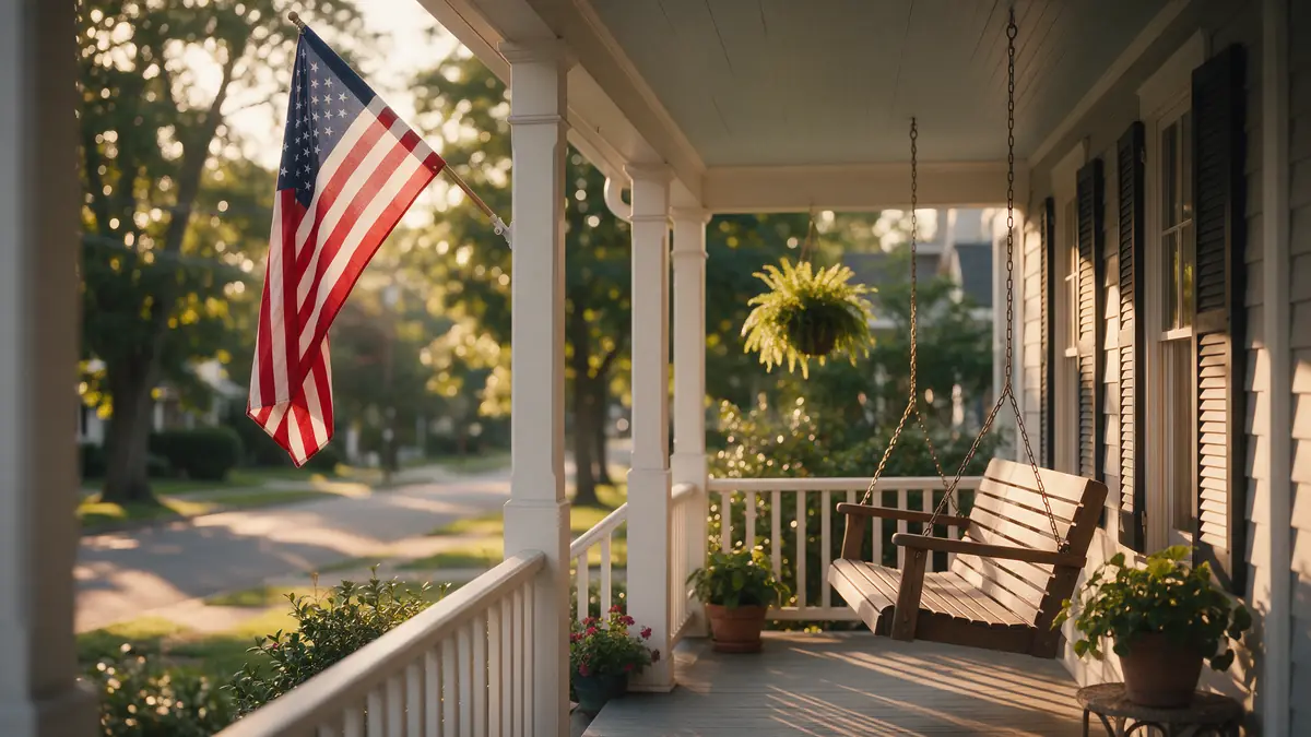 A front porch with an American flag at golden hour